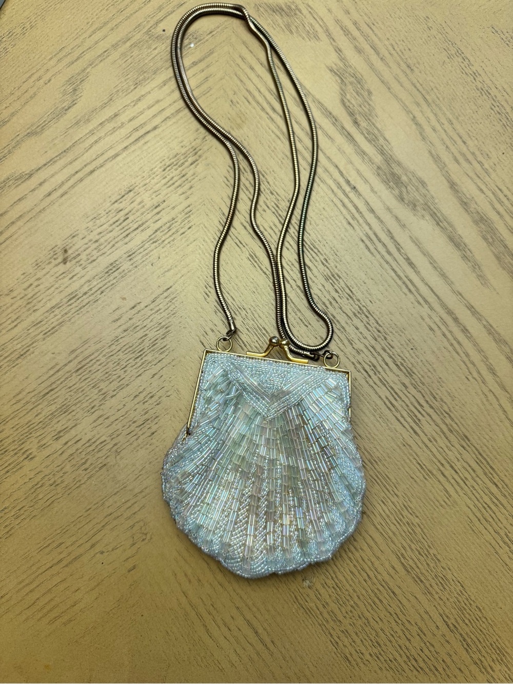 By Courtney, Iridescent Beaded Shell Clutch Necklace - White